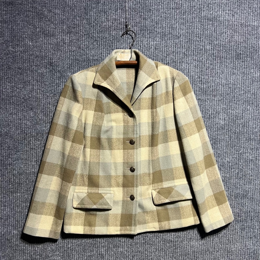 Vintage Pendleton Blazer Women L Beige Plaid Wool Jacket Leaf Button Heritage